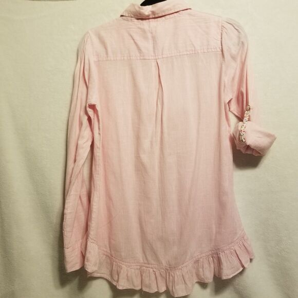 Flutterbye M Top Shirt Button Up Pink Striped 100% Cotton Roll Tab Sleeve Preppy - Picture 7 of 8
